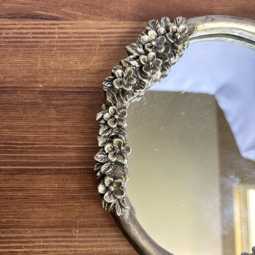 Vintage Ornate Floral Hand Mirror Silver Tone Cast Resin Vanity Mirror 12.5 Inch